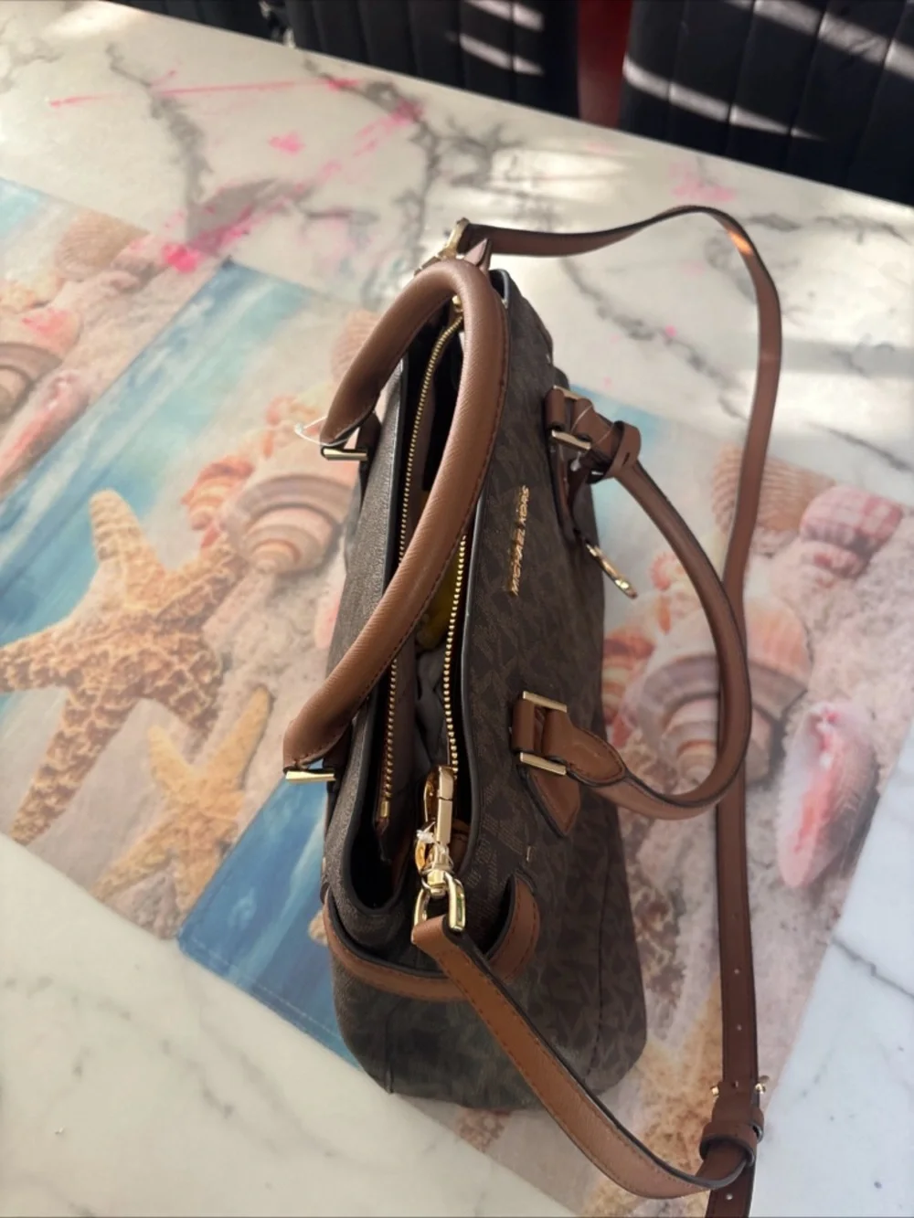 Michael Kors Brown Monogram Duffel with Tan Leather Trim - Picture 3 of 16